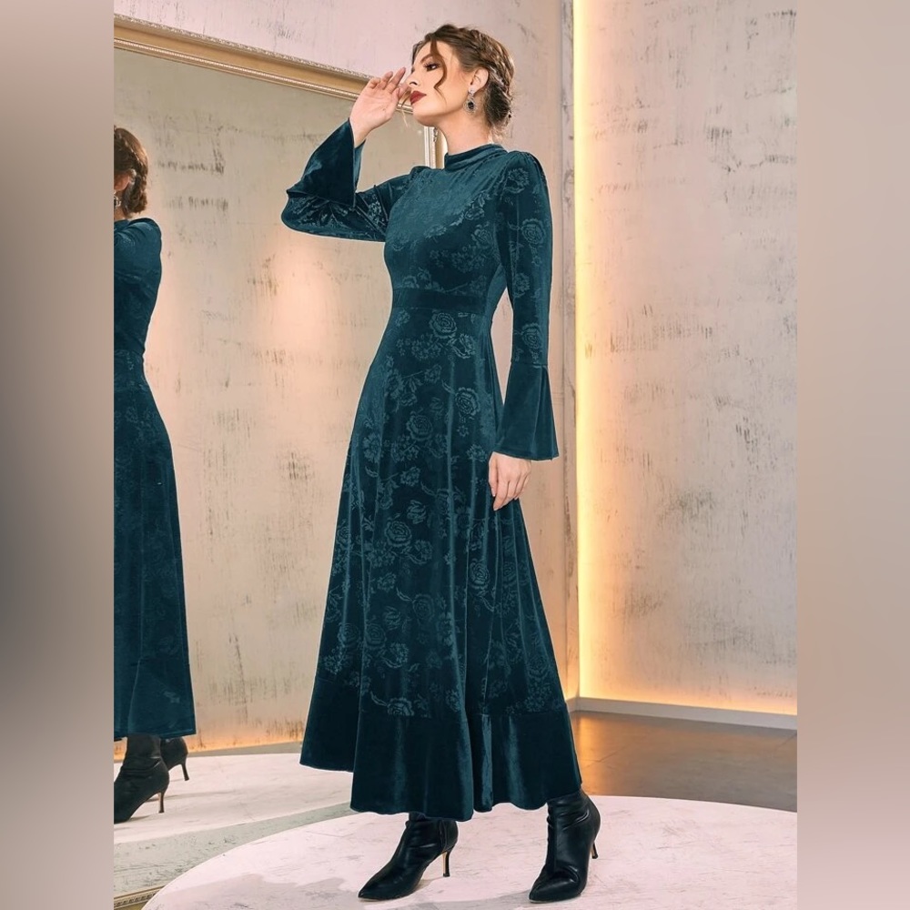 Velvet Mock-Neck Flounce Sleeve Dress in Turquoise
